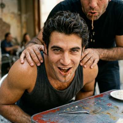 Hot waiter just chucked his lunch down my throat—swallow every last drop or I’ll make you earn it. #gaypuke