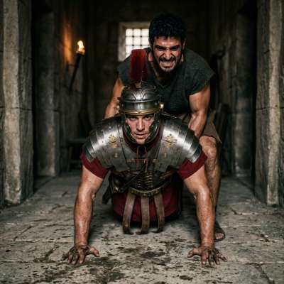 That disciplined centurion on his knees—let the slave own him, rough hands, no mercy. Who’s gonna take that proud soldier’s...
