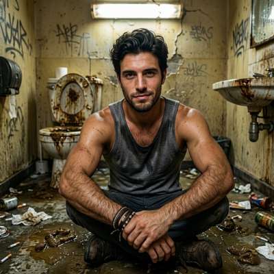 Dirty boy squats in that filthy bathroom, all that grime just begging to be licked off those ripped arms & that sweaty,...