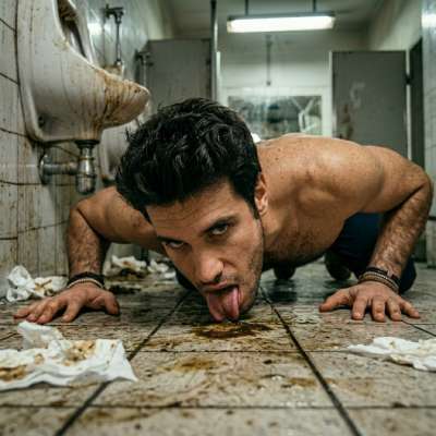 Hot mouth on that filthy public bathroom floor—licking up every last dirty drop. #gayscat #toilet #humiliation