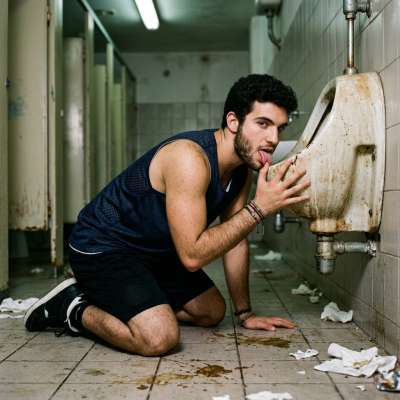 Basketball player on his knees, licking that filthy public urinal clean—dirty boy can’t resist that golden stream. #gaypiss...