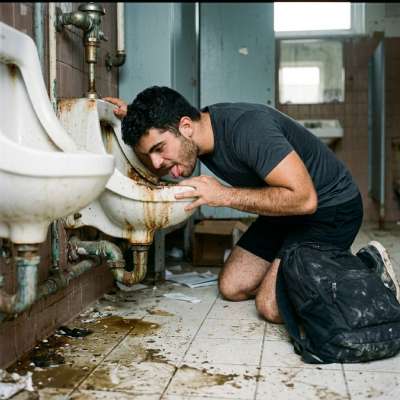 Hot mouth on a filthy public toilet—licking every dirty edge like a starved slut. Messy, desperate, and so fucking wrong....