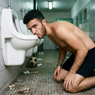 Hot as hell watching this guy deepthroat that wall-mounted urinal—public restroom kink at its finest. Who needs a mouth when...