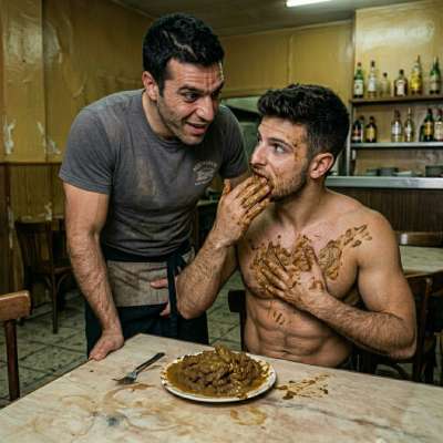 Hot waiter getting off on a fine boy slurping shit & smearing it all over his face—fucking filthy perfection. #gayscat...
