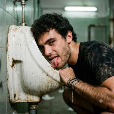 Hot damn, watch this stud slurp that wall-mounted urinal like it’s his last meal—filthy, desperate, and so fucking hot....