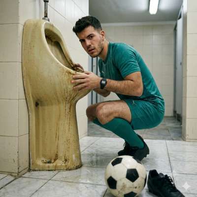 Kneeling like a filthy slut for that golden stream—nothing hotter than a pro athlete losing control in a public piss stall....