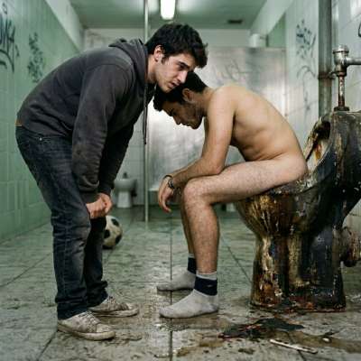 Dirty boy takes a shit in a filthy stall while I kneel, watching that sweet brown mess drip—fuck, can’t resist that raw,...