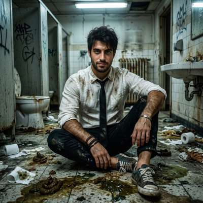 Hot as hell in this filthy bathroom—kneeling in the mess, tie loose, socks off, just waiting to get really dirty. Who’s...