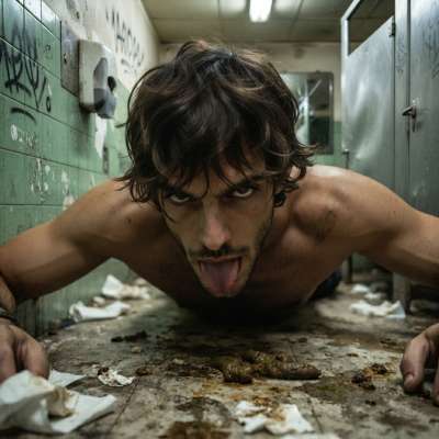 Hot as hell watching this guy deepthroat that filthy public toilet—messy, rough, and so damn wrong. Who’s getting hard just...
