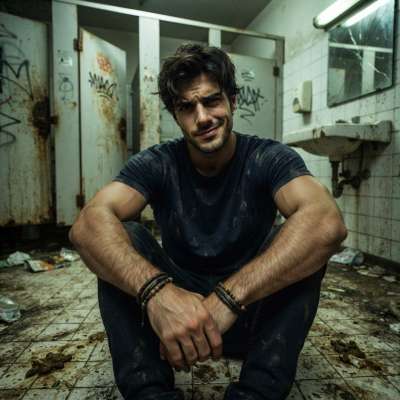 Kneeling in that filthy public bathroom stall, his ripped jeans hugging those thick thighs—just imagine those strong hands...