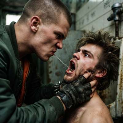 Skinhead’s cum dripping down that punk’s chin—fuck that filthy mouth full of my load. Own it, baby. #gayspit #punks...