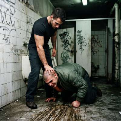Skinhead on his knees, licking every filthy inch of that grime-covered floor while you stand there—owning his submission....