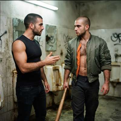 That rough skinhead grip with his leather jacket unzipped—just imagine those calloused hands gripping you hard while he...