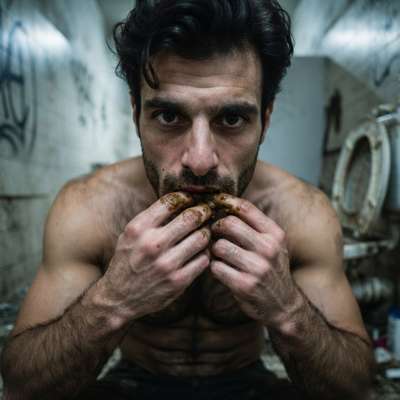 Hairy boy devouring that filthy load—nothing sexier than a man who loves getting dirty. #gayscat #hairy