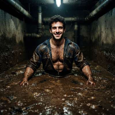 Muddy water sloshes up his thighs as he grins through the grime, leather vest clinging like a second skin, pipes groaning...