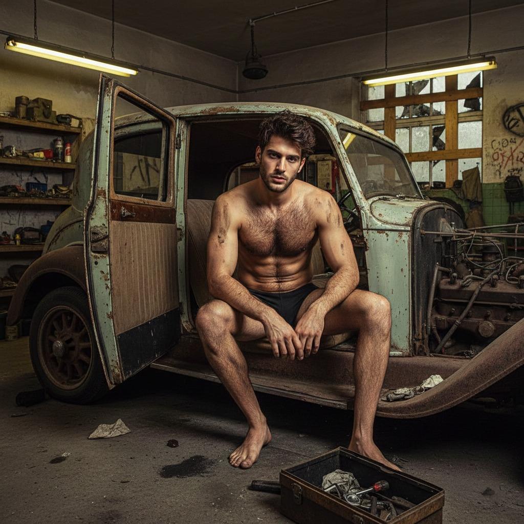 Celebrating raw masculinity with a model in vintage style. The perfect blend of strength and elegance. 🔥 #garage