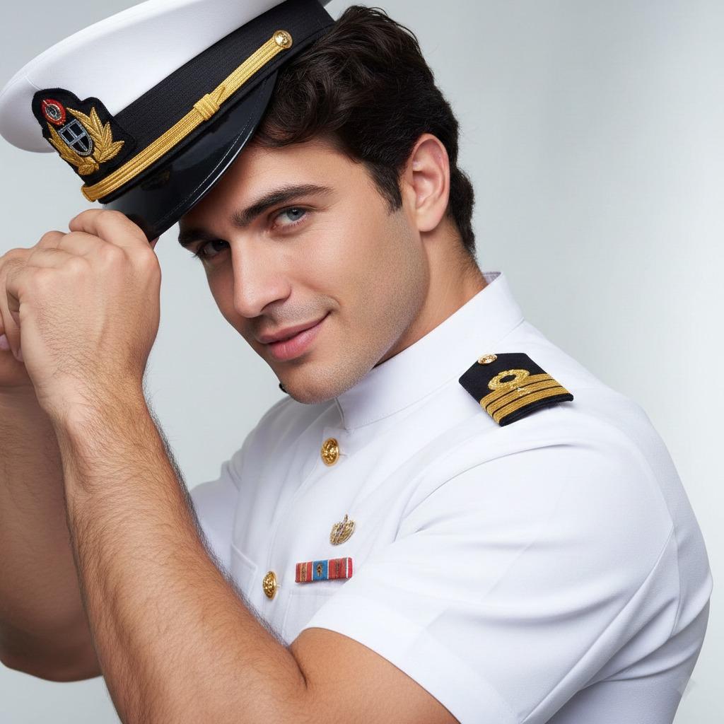 Elegance meets the sea in this stunning portrait of a dashing naval officer. The crisp lines of his uniform frame a timeless...
