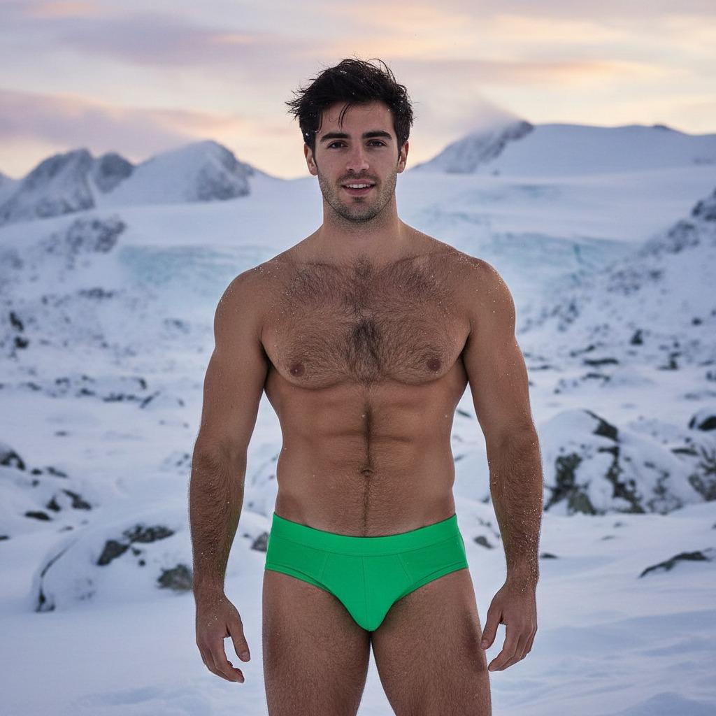 Embracing nature’s raw beauty, this stunning young man stands confidently in the snow, a vision of strength and grace. A...