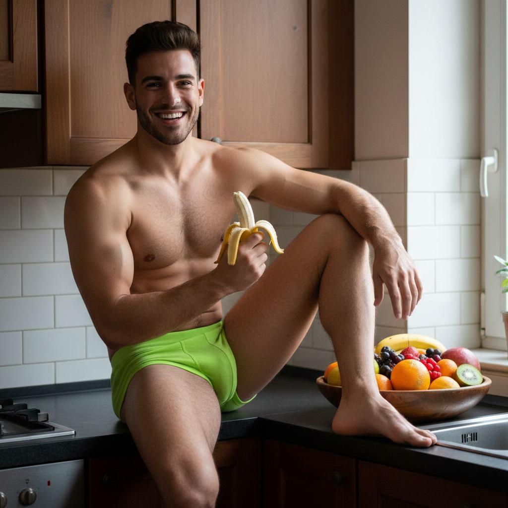 Savor the moment with this delicious sight—our guy in green briefs enjoying a ripe banana on the kitchen counter. Pure,...