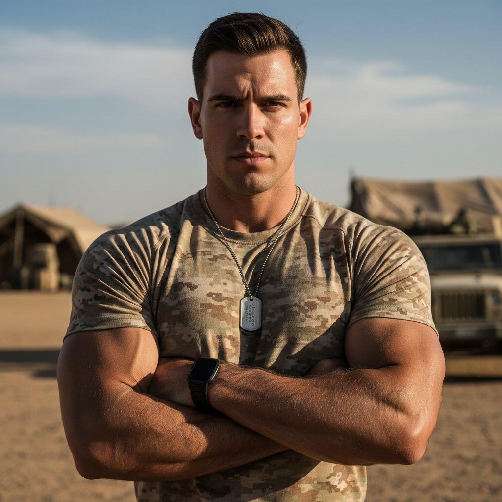 Celebrating strength & style! 💪🏳️‍🌈 Check out this fierce soldier rocking his confidence in a simple tee. Masculine beauty...