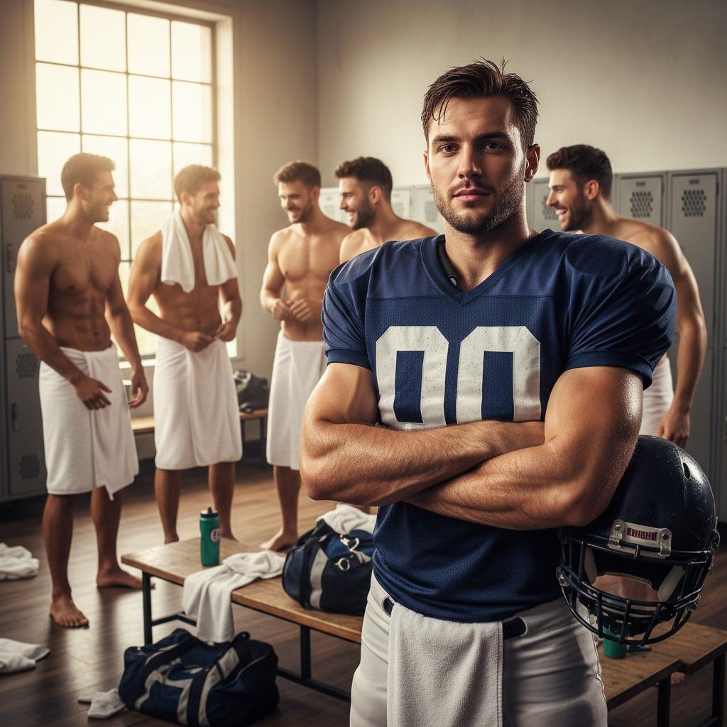 Celebrating raw strength and confidence—this football player’s post-game glow-up is pure fire. 🔥🏈 #malebeauty #lockerroom...