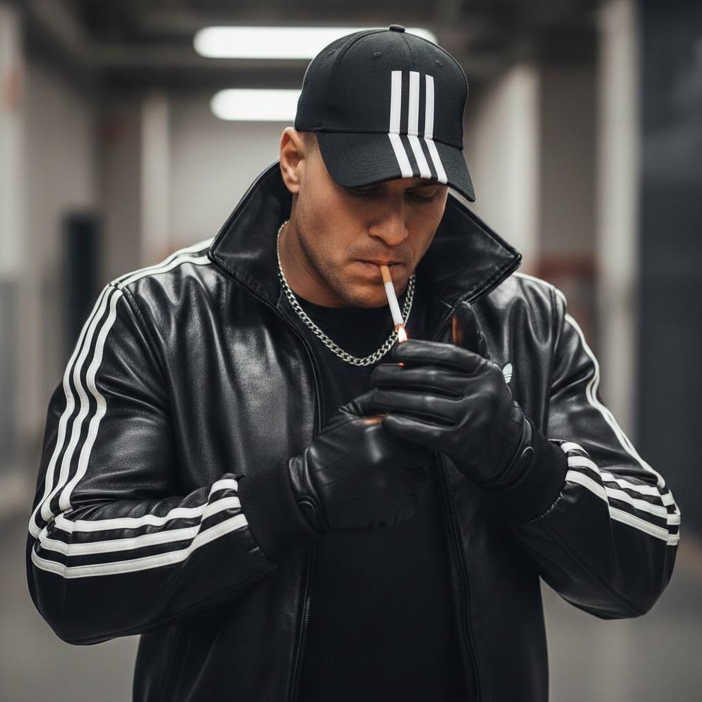 Smooth leather, a flick of flame—raw masculinity in its purest form. 🔥💨 #street #smoking