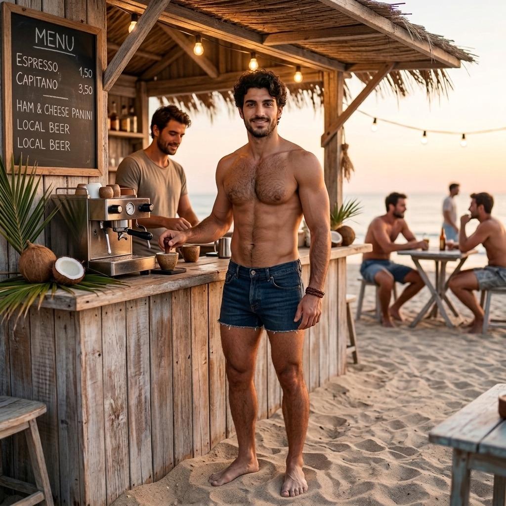 Sipping coffee with the ocean breeze, this stunning guy is the perfect blend of beauty and chill vibes. ☕️🌊 #beach #underwear