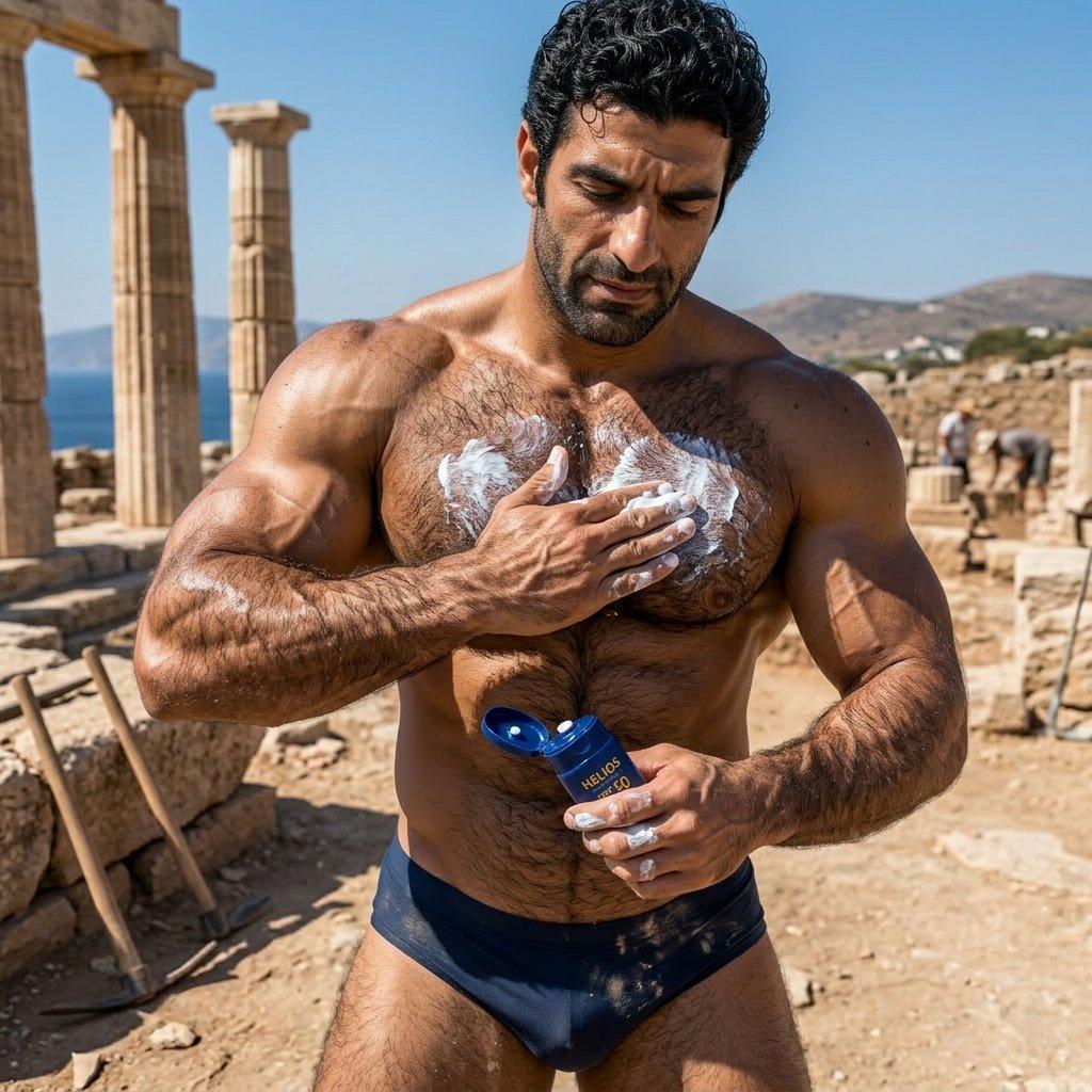 Smooth skin meets raw masculinity. Nothing hotter than a hairy guy glistening under the sun. #antiquity #hairy #underwear...