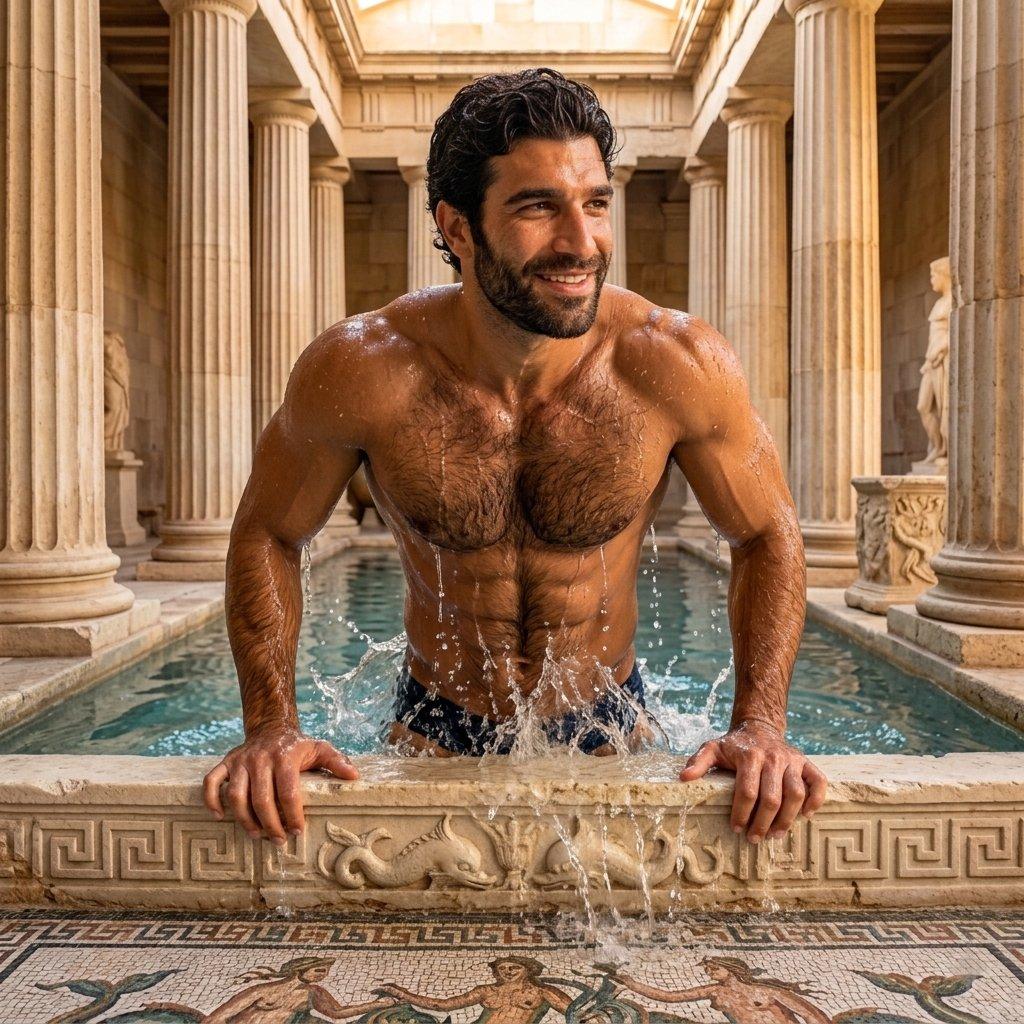 Greek god steps out of the pool, dripping with confidence and definition. Every ripple of water just highlights that...