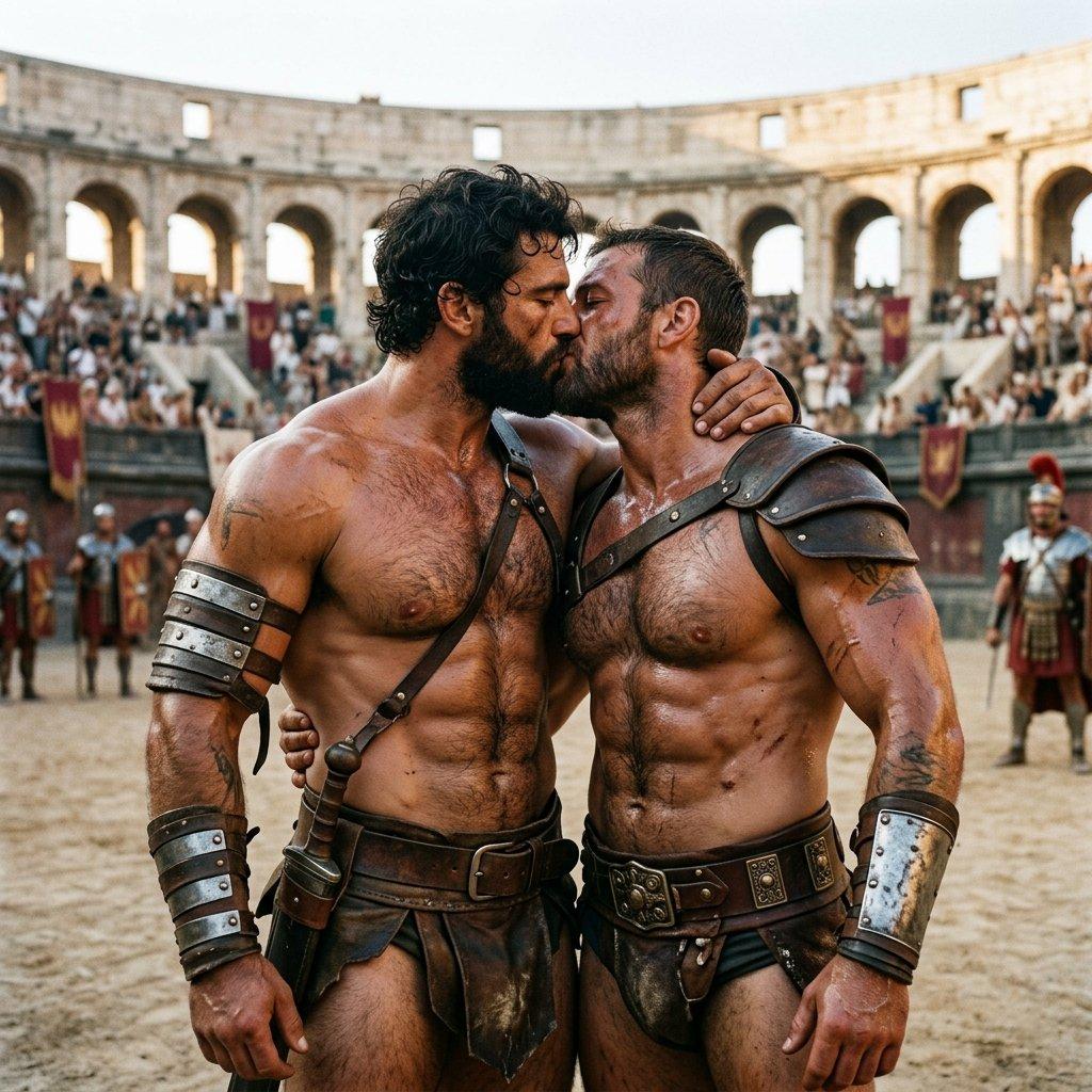 Fierce gladiators locked in a passionate embrace—strength meets desire. Beauty that defies time. #antiquity #couple