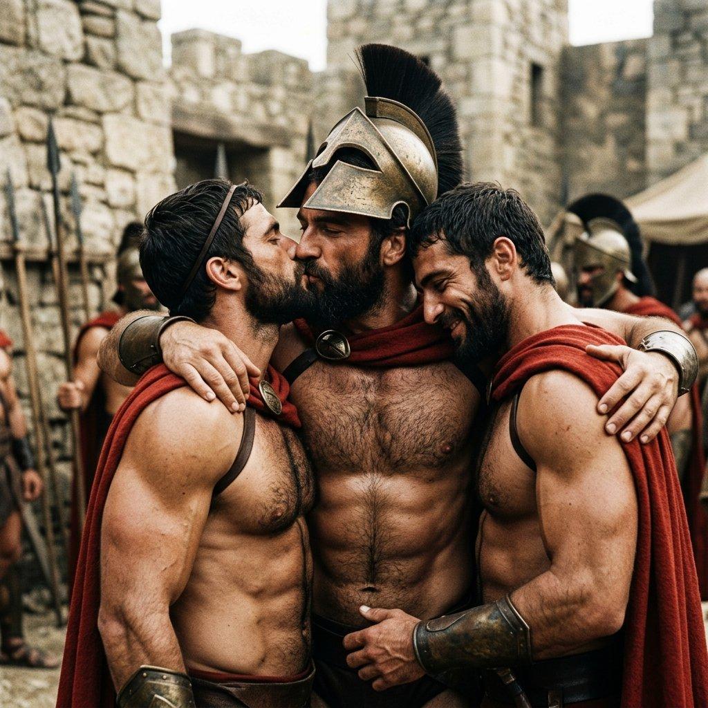 Every Spartan knows love is the ultimate victory. Three warriors, one unforgettable kiss. #antiquity #kiss