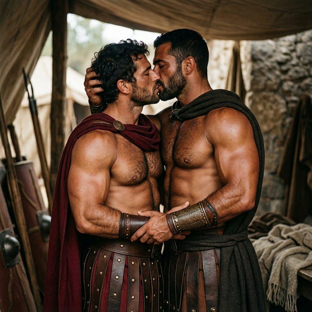Hot Roman soldiers locking lips in a passionate embrace. History never looked this good. #antiquity #couple #kiss