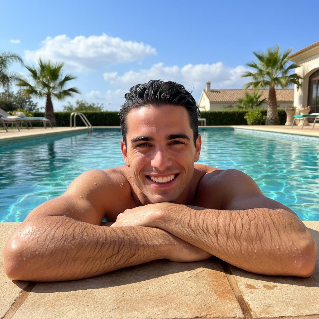 Sun-kissed smiles by the pool—effortless charm at its finest. 🌞 Who else loves a man who owns his confidence? #malebeauty...