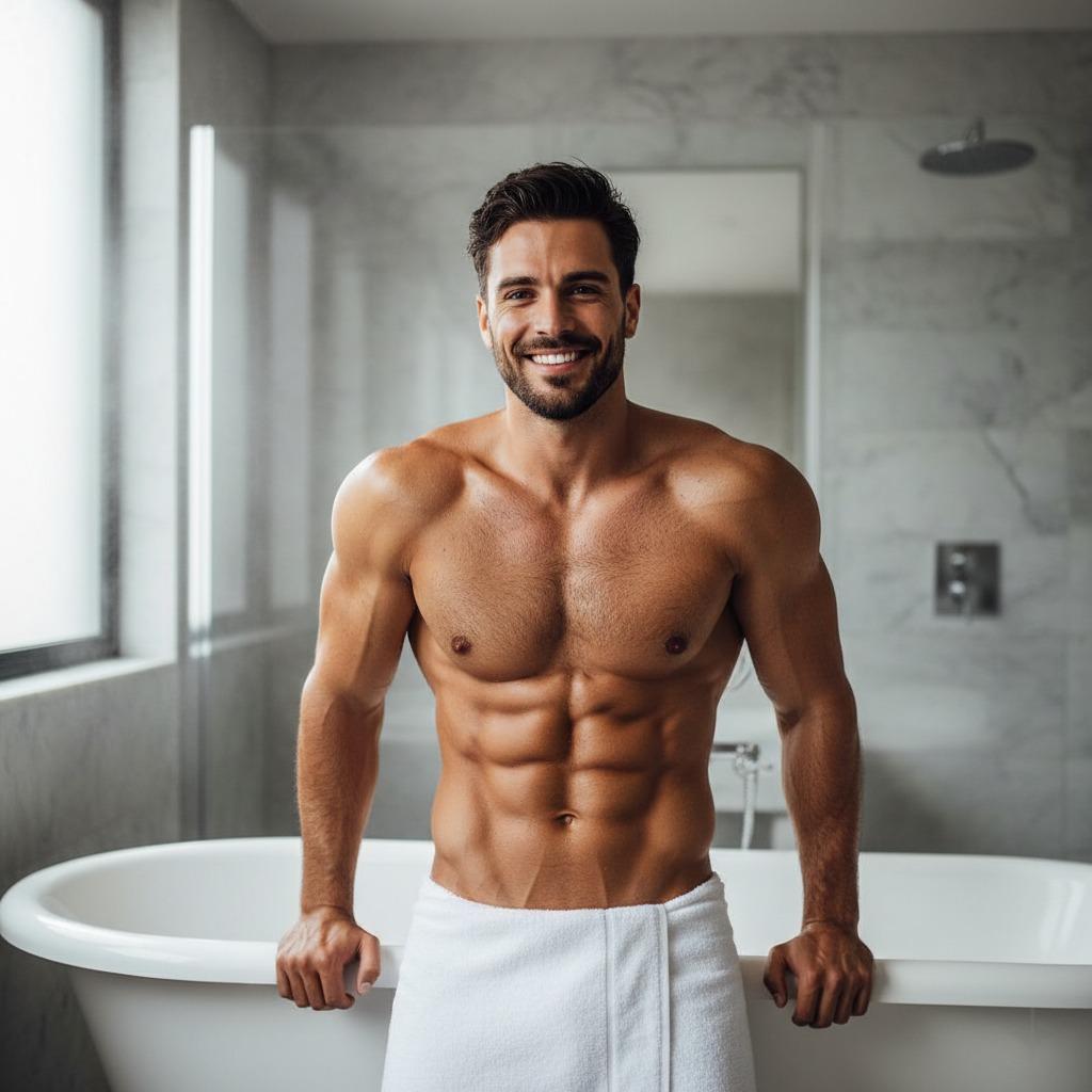 Ready to melt some screens? 🔥 Fresh from the shower, this view is pure art. #malebeauty #bath #gym #underwear