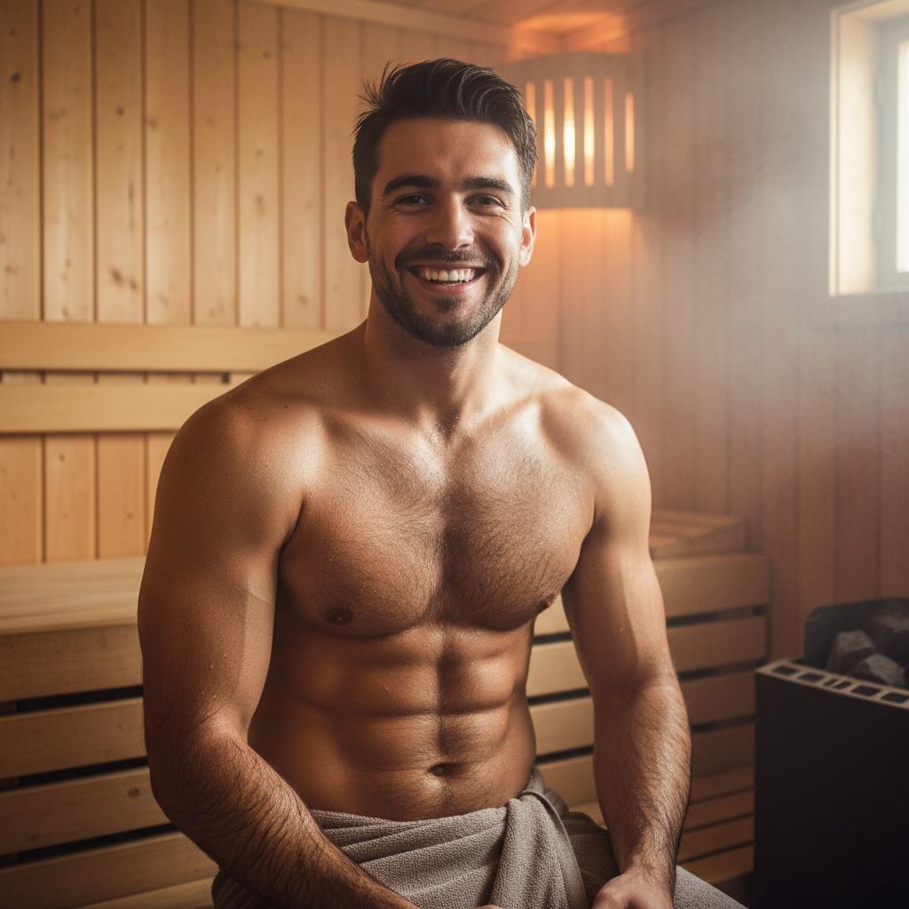 Sweat glistening on sculpted pecs in the sauna—pure masculine art. Every curve tells a story of dedication and confidence....