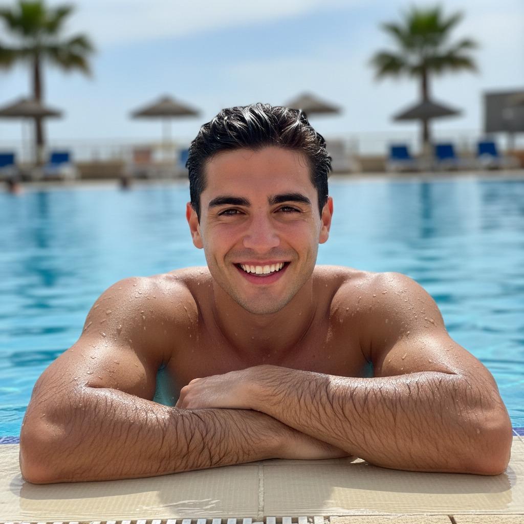 Flawless smile by the pool, every inch of him pure art. Who needs filters when reality is this stunning? #pool #wet #travel