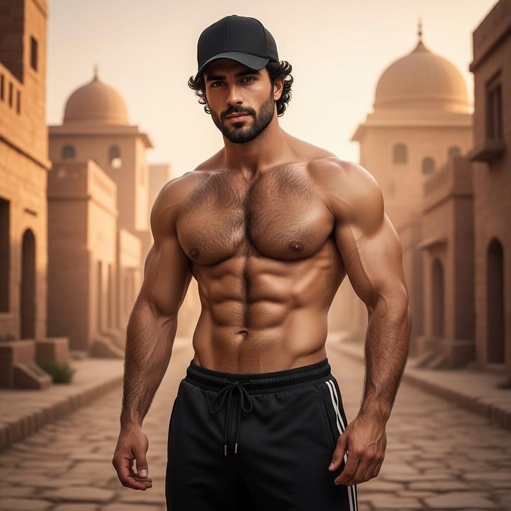 Hot Turkish hunk in black cap and sweatpants—arms and chest dusted with dark hair, muscles flexing under the sun. Pure...