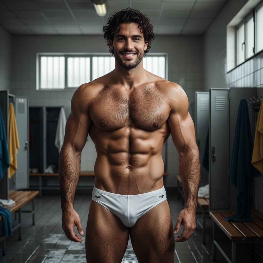 Sweaty, hairy perfection in the locker room. Every muscle, every curve—pure art. 🔥 #lockerroom #underwear #athlete #gym