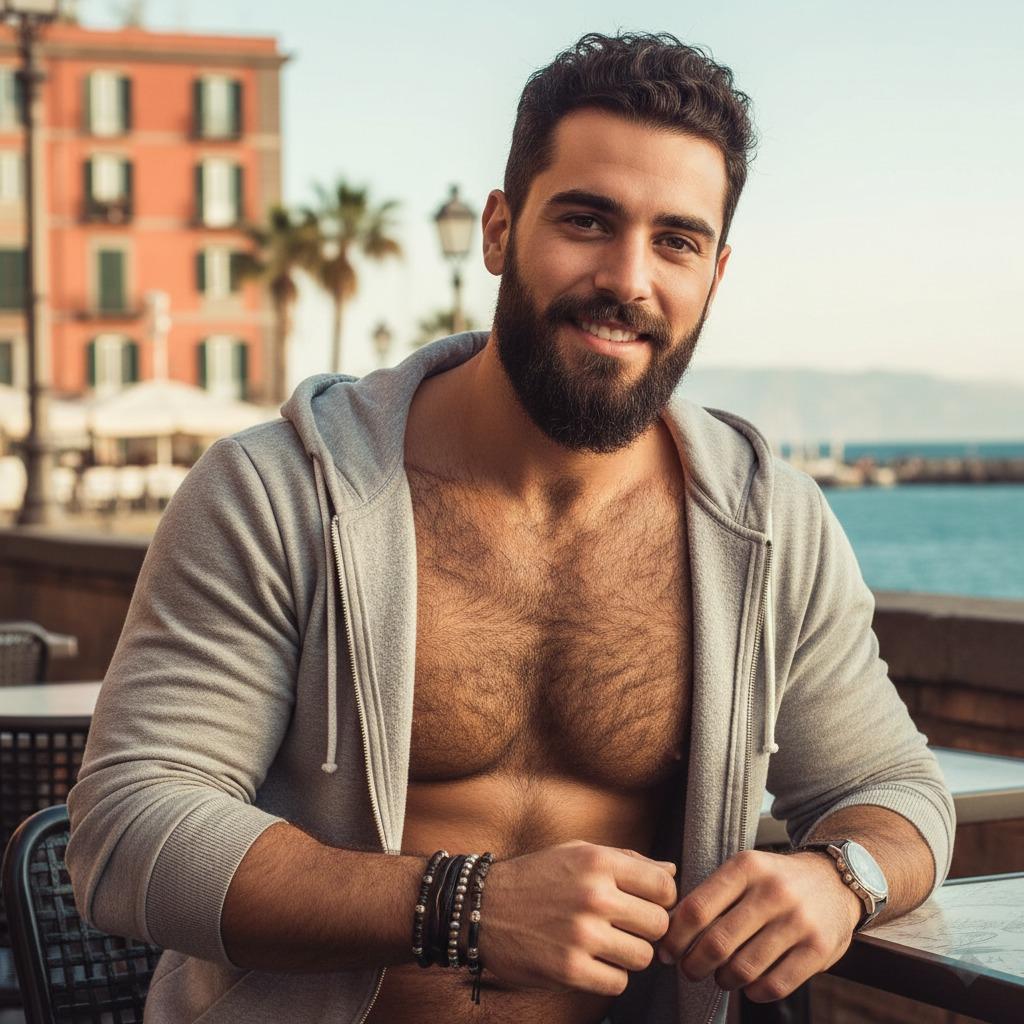 Flaunt that sculpted chest in your open hoodie—confidence never looked so irresistible. 🔥 #malebeauty #travel #hairy
