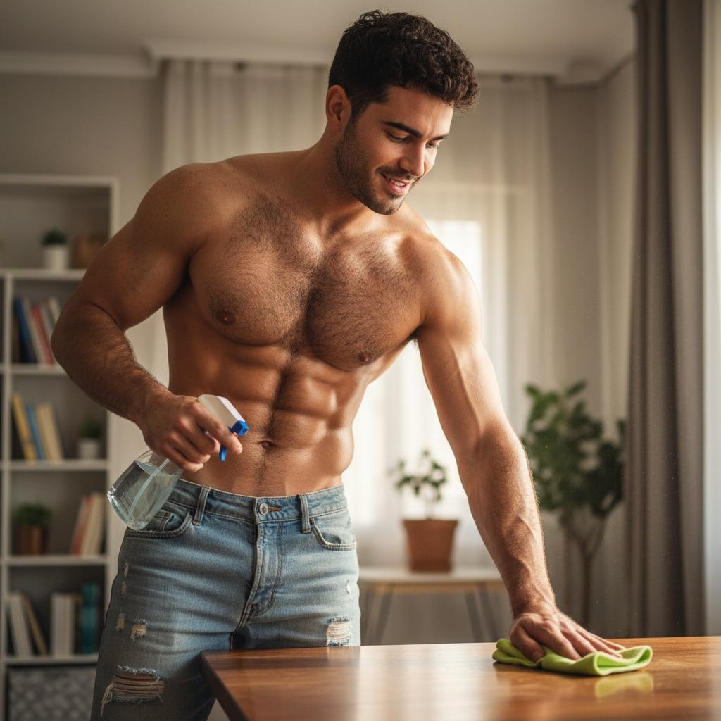 Every muscle in motion, every drop of sweat—cleaning never looked this good. 😏🔥 #malebeauty #bedroom