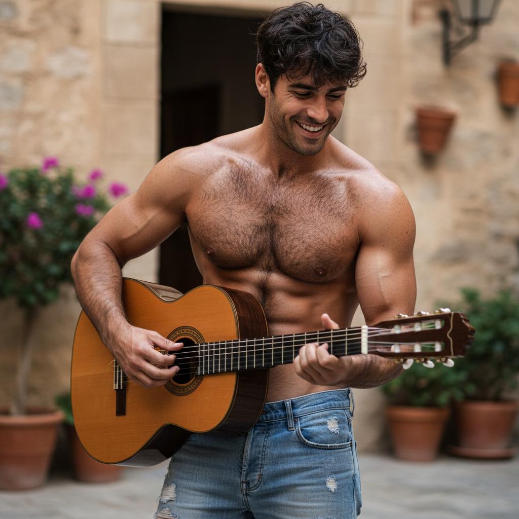 Every strum of his guitar sends shivers down my spine. Torso bare, soul exposed—this is art. #malebeauty #musician #nature...