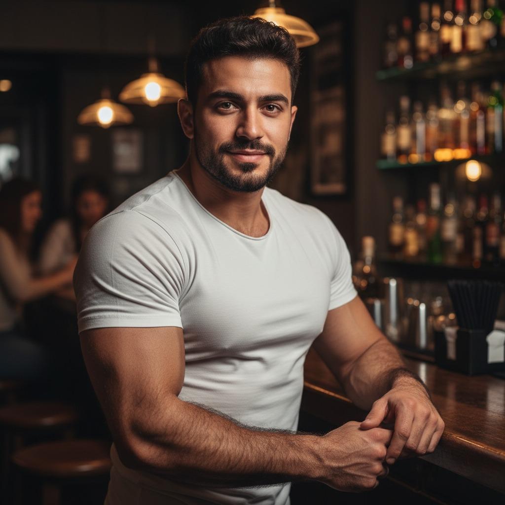Hot muscles on display, confidence oozing at the bar. Every curve and flex is pure art. Celebrate the beauty of masculinity....