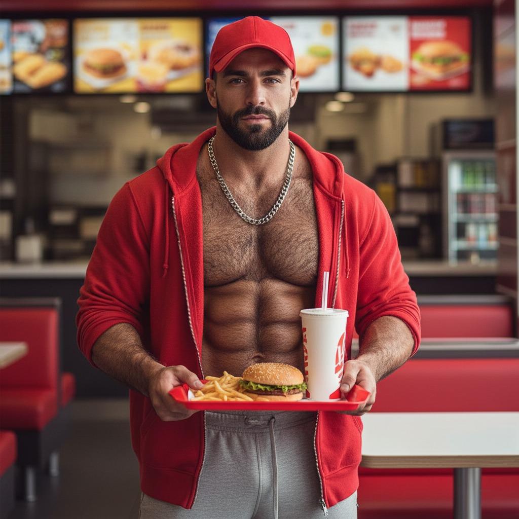 Every bite tastes better when it's served with a side of muscle and charm. 🍔💪 #kitchen #hairy #gym #worker