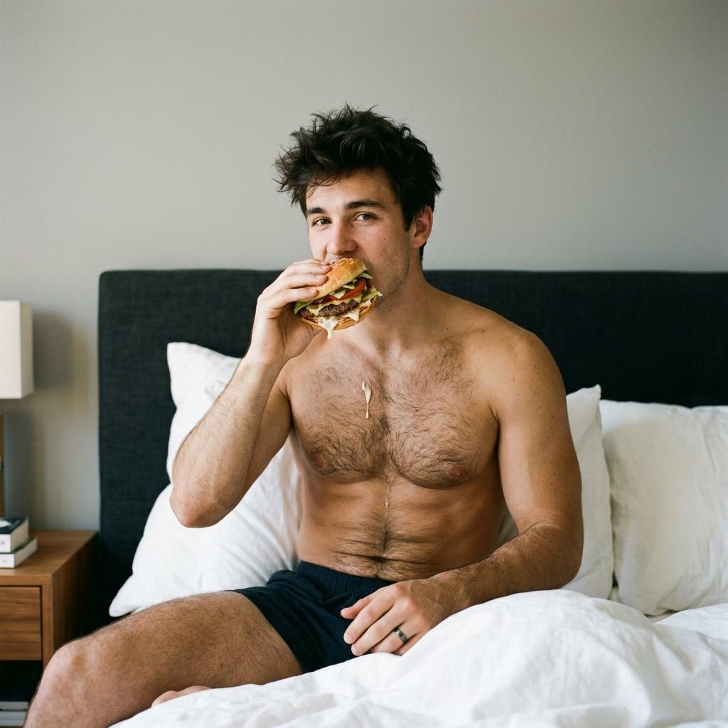 Every bite is a sin when you're this delicious. 🍔😏 #bedroom #kitchen