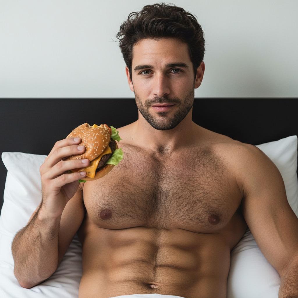 Few things are as hot as a man savoring a juicy burger in bed. Pure, unfiltered masculinity at its finest. #bedroom #athlete