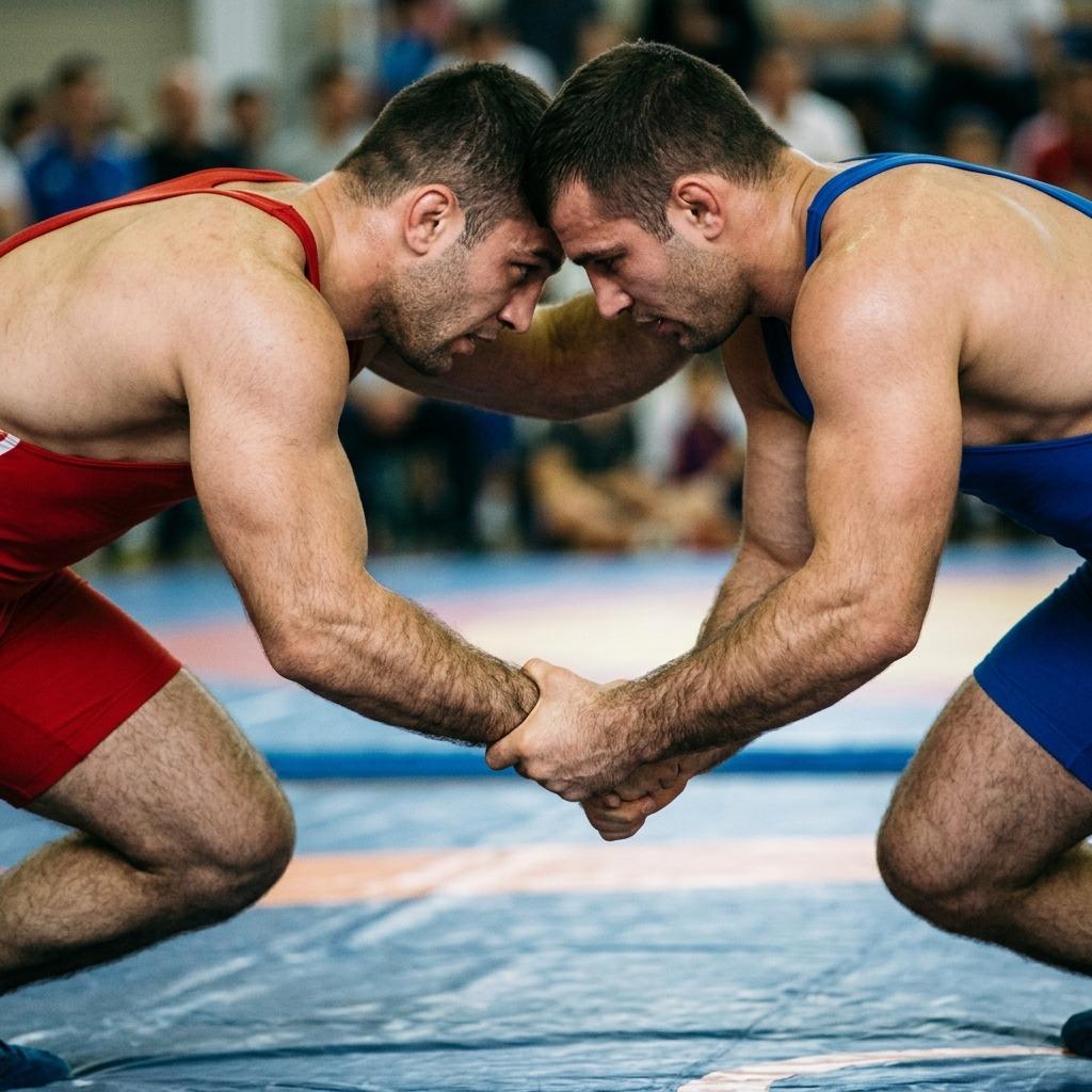 Every drop of sweat glistens on these two hunky wrestlers locked in a fierce Greco-Roman battle. Pure masculine power on...