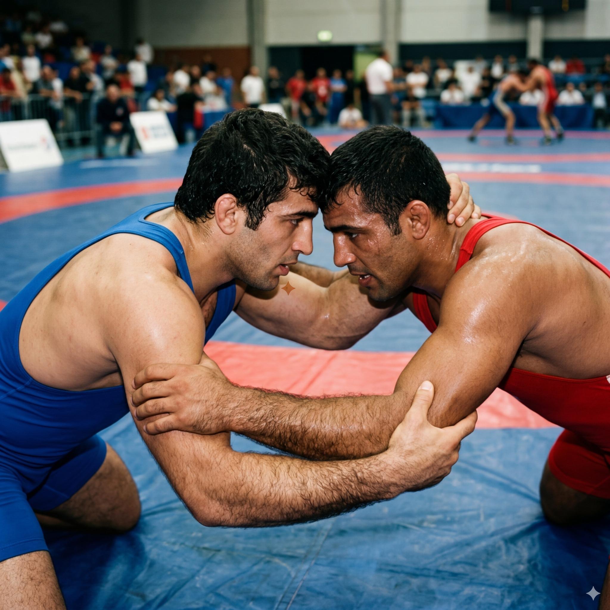Every drop of sweat glistens on these sculpted bodies locked in a fierce, hairy embrace. Greek wrestling never looked this...
