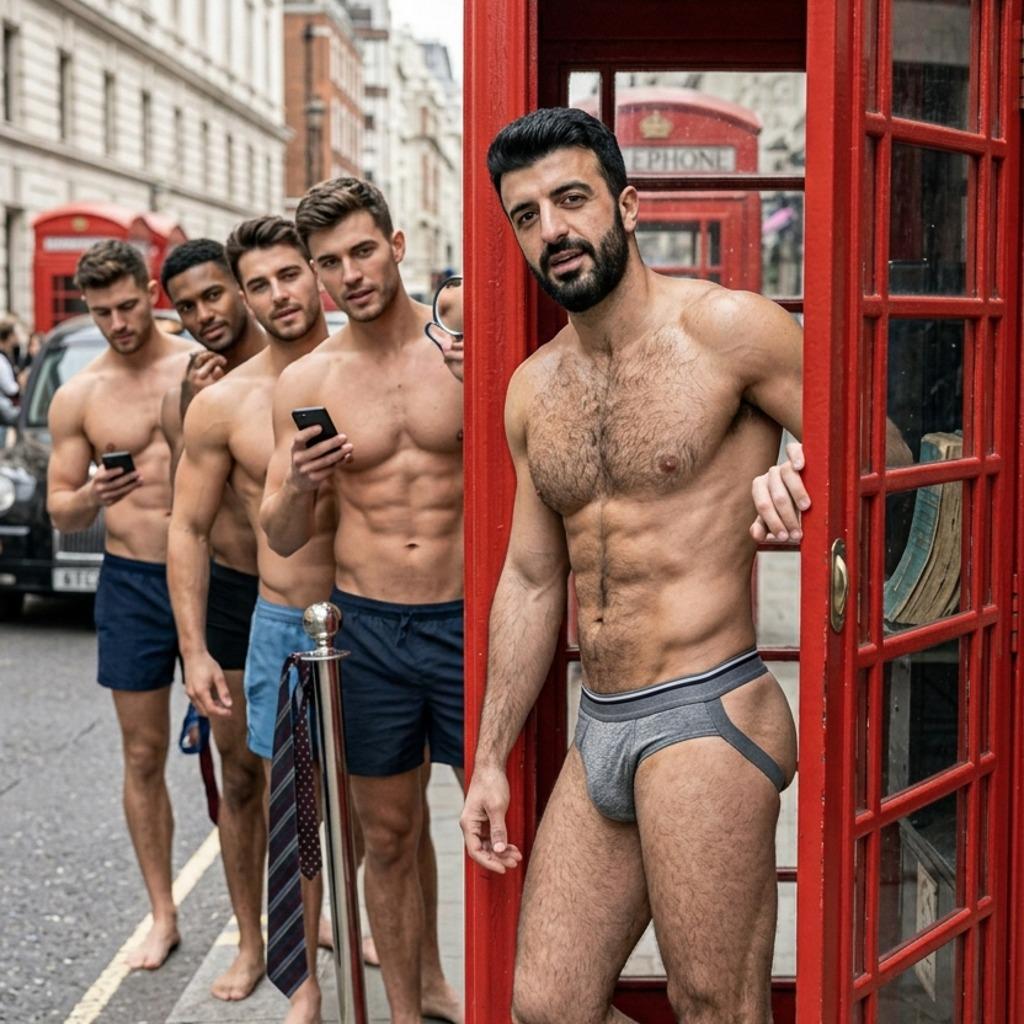 Tight jockstrap flexing as he steps out of the phone booth—pure confidence in every stride. Celebrate the art of the male...