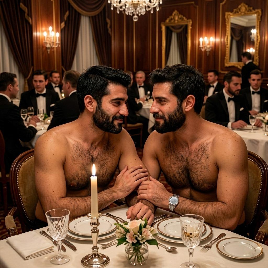Two gorgeous men sharing a romantic, shirtless dinner in an elegant restaurant. Pure male beauty at its finest. #couple...