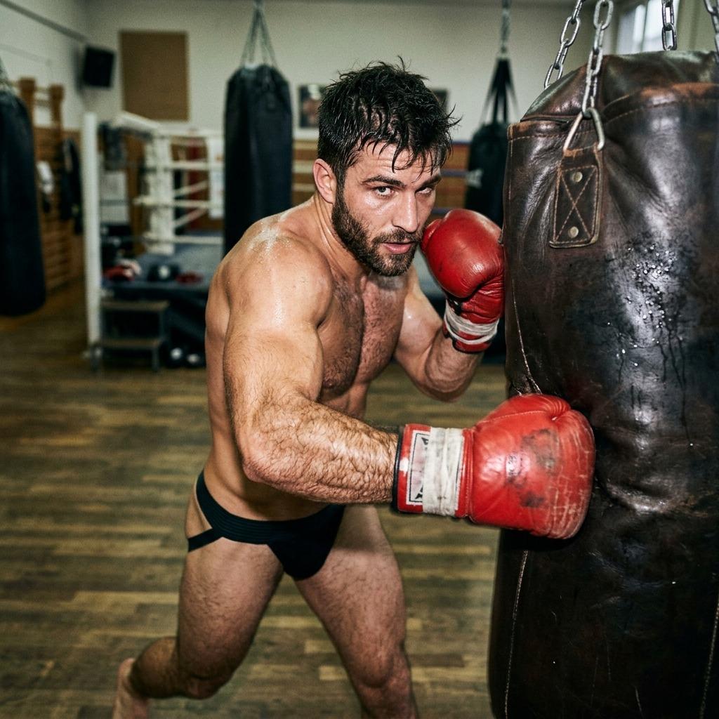 Pugilist power in full display—sweat glistening, muscles flexing, jockstrap hugging every curve. Pure masculine art in...